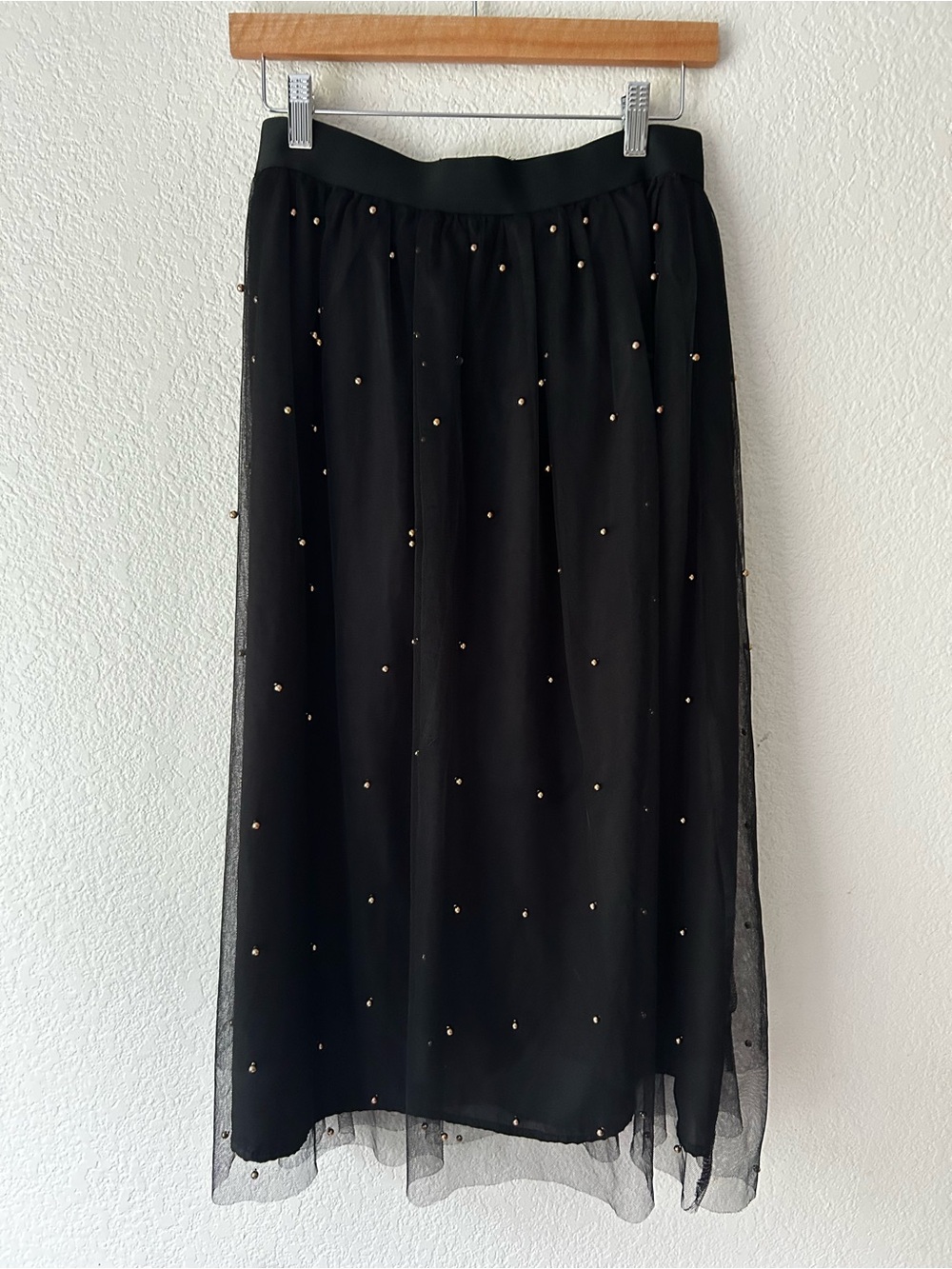 Black Midi A-Line Skirt with Gold Bead Accents